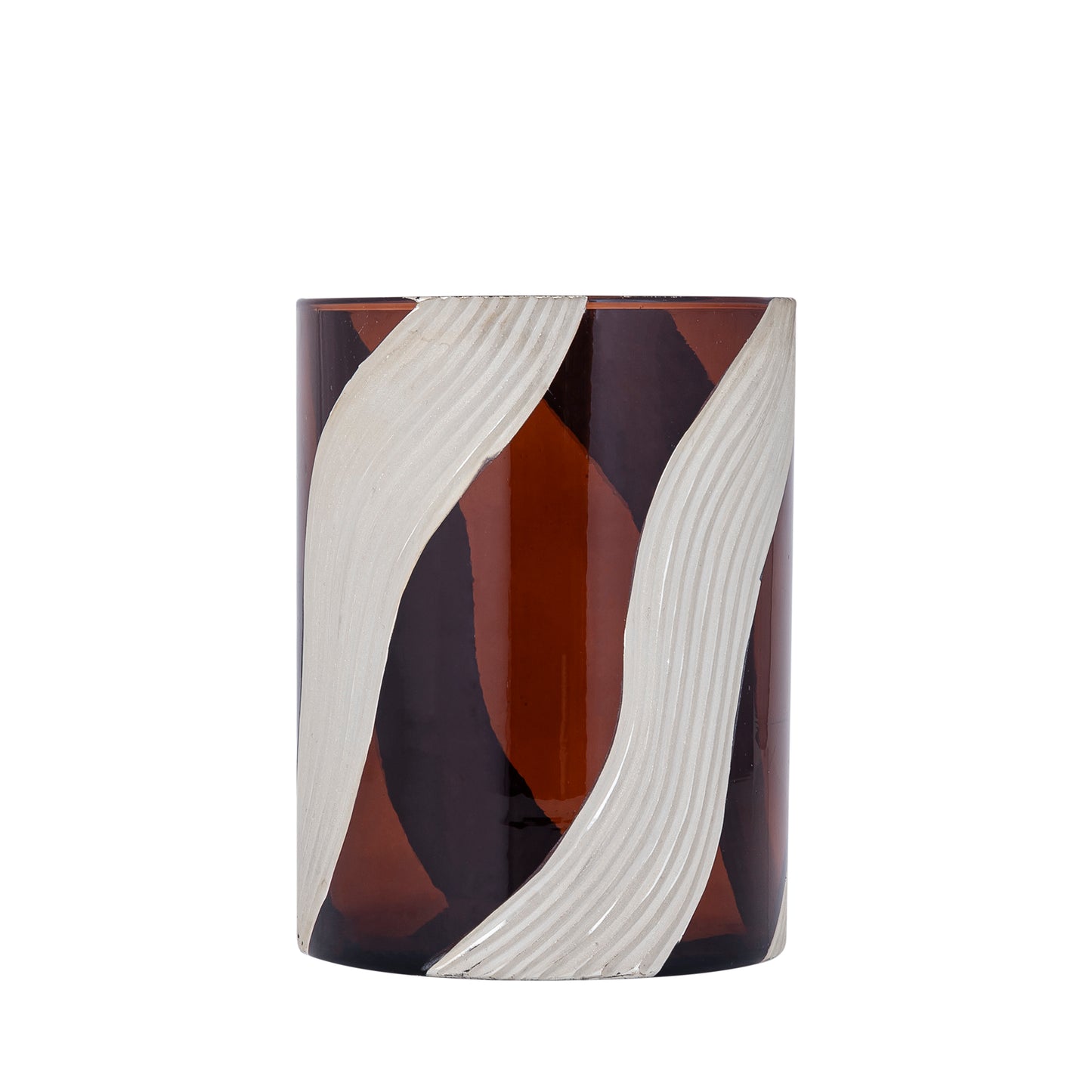 Avan Bruin Glas Windlicht Geribbd Crème Lijnen Set van 4 M - 4 Sets 20x15x15 cm