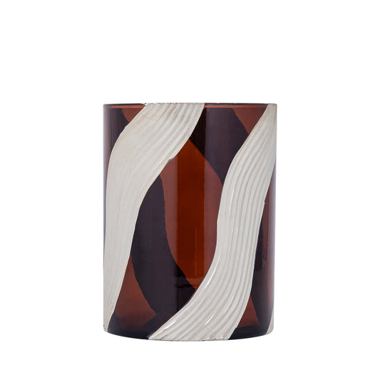 Avan Bruin Glas Windlicht Geribbd Crème Lijnen Set van 4 M - 4 Sets 20x15x15 cm