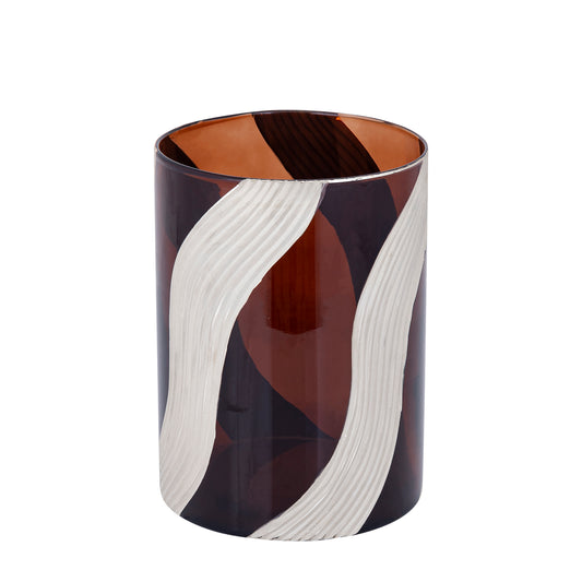 Avan Bruin Glas Windlicht Geribbed Crème Lijnen Set van 2 - 2 Sets 25x18x18 cm