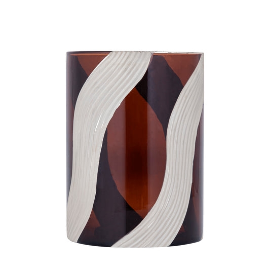 Avan Bruin Glas Windlicht Geribbed Crème Lijnen Set van 2 - 2 Sets 25x18x18 cm