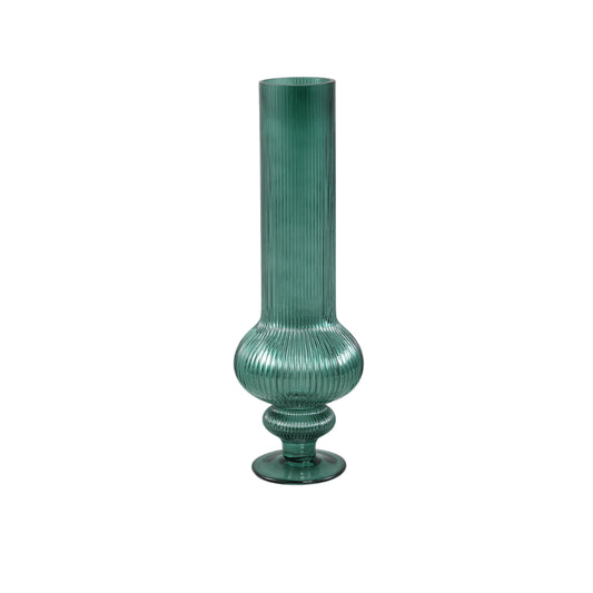 Keala Dark Green Round Ribbed Glass Vase On Base S