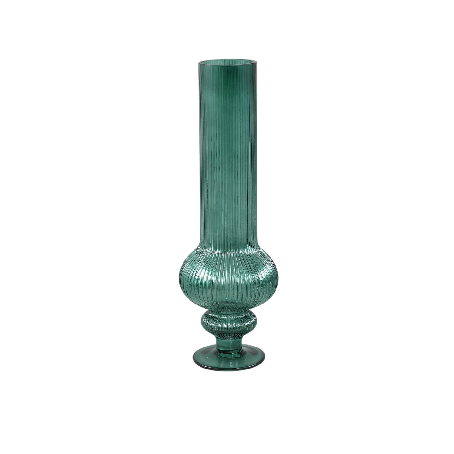 Keala Donkergroen Rond Geribde Glazen Vaas Op Voet Set van 2 - 2 Sets 40x13.5x13.5 cm