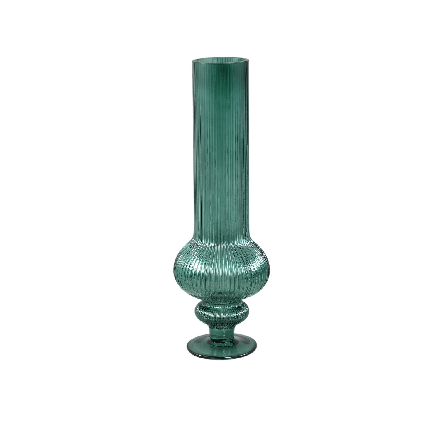 Keala Donkergroen Rond Geribde Glazen Vaas Op Voet Set van 2 - 2 Sets 40x13.5x13.5 cm