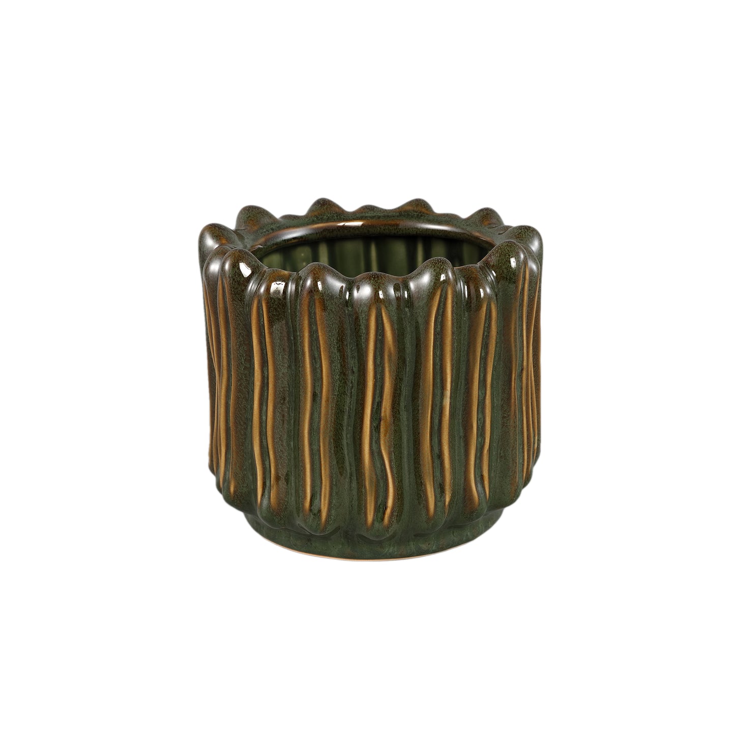 Luci Donkergroen Keramische Pot Geribbd Rond M Set van 6 - 6 Sets 16.5x18.5x18.5 cm