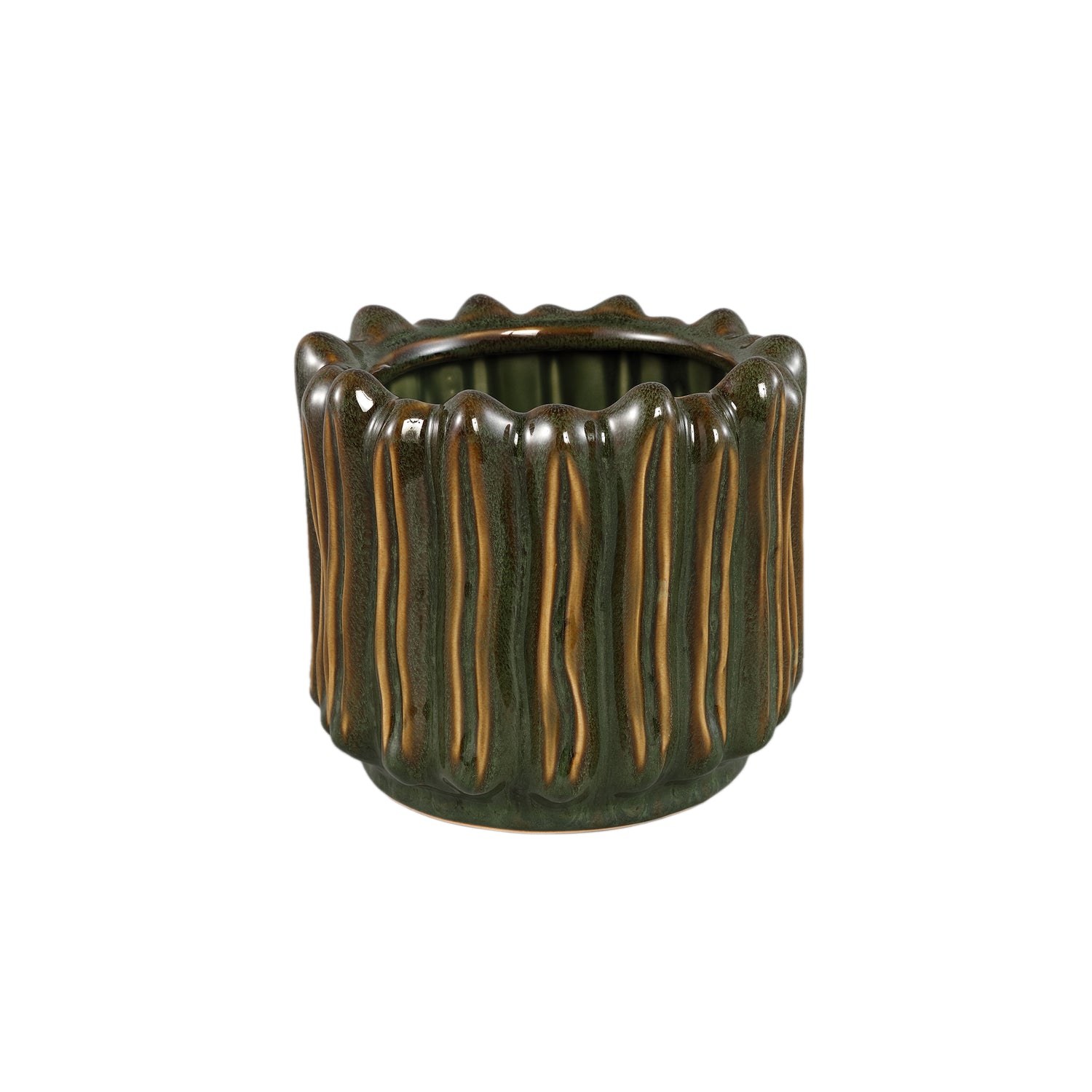Luci Donkergroen Keramische Pot Geribbd Rond M Set van 6 - 6 Sets 16.5x18.5x18.5 cm
