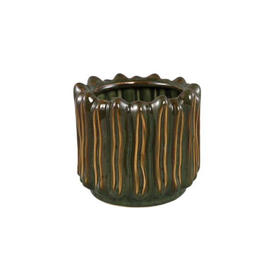 Luci Donkergroen Keramische Pot Geribbd Rond M Set van 6 - 6 Sets 16.5x18.5x18.5 cm