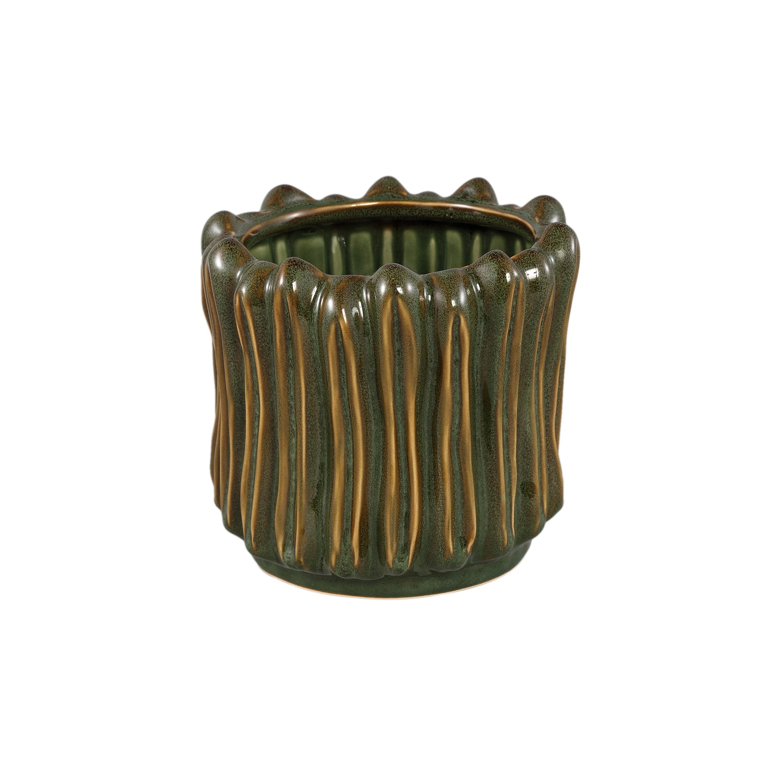 Luci Donkergroen Keramische Pot Geribbd Rond L – Set van 4 - 4 Sets 18.5x19.5x19.5 cm