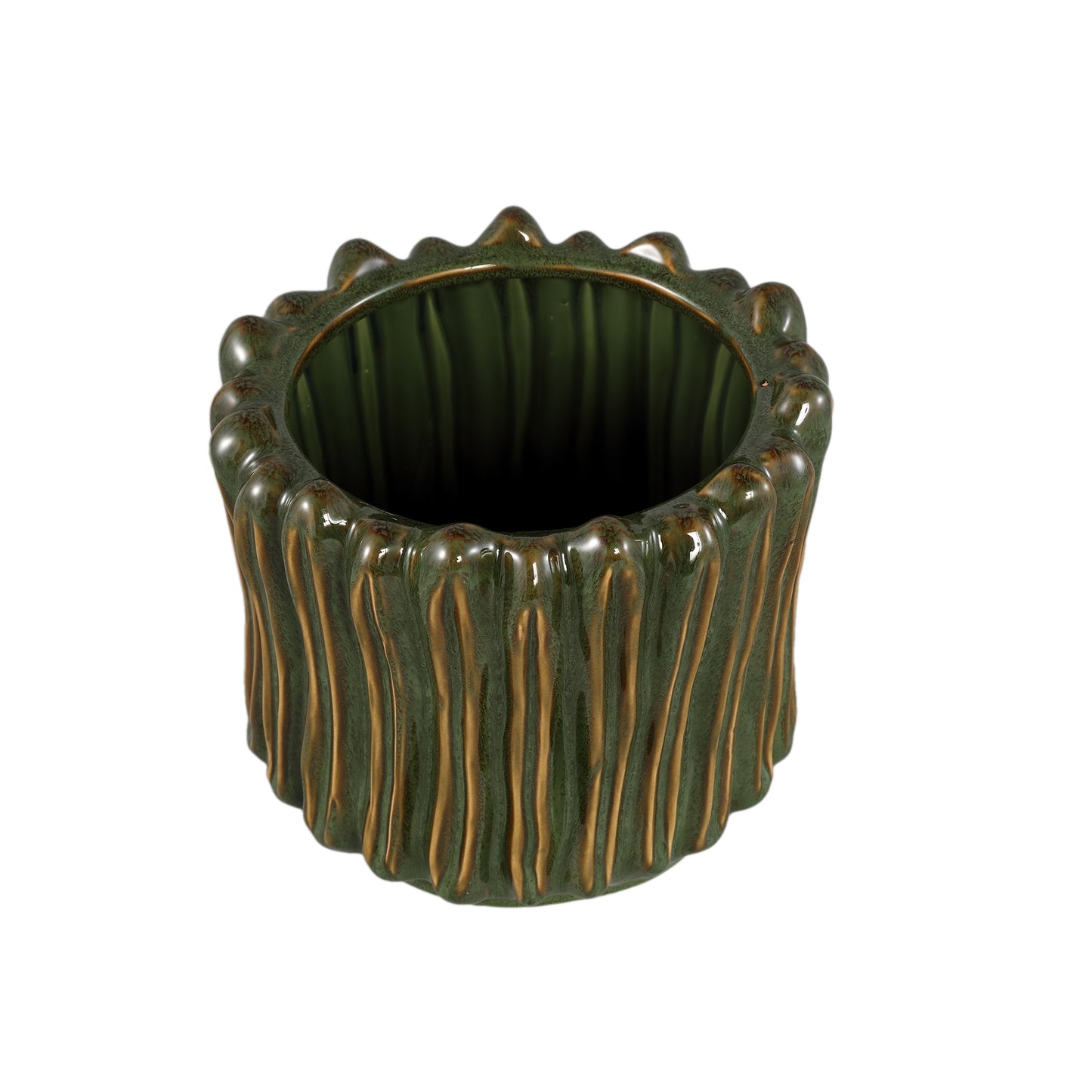 Luci Donkergroen Keramische Pot Geribd Rond Set van 2 - 2 Sets 23x24.5x24.5 cm