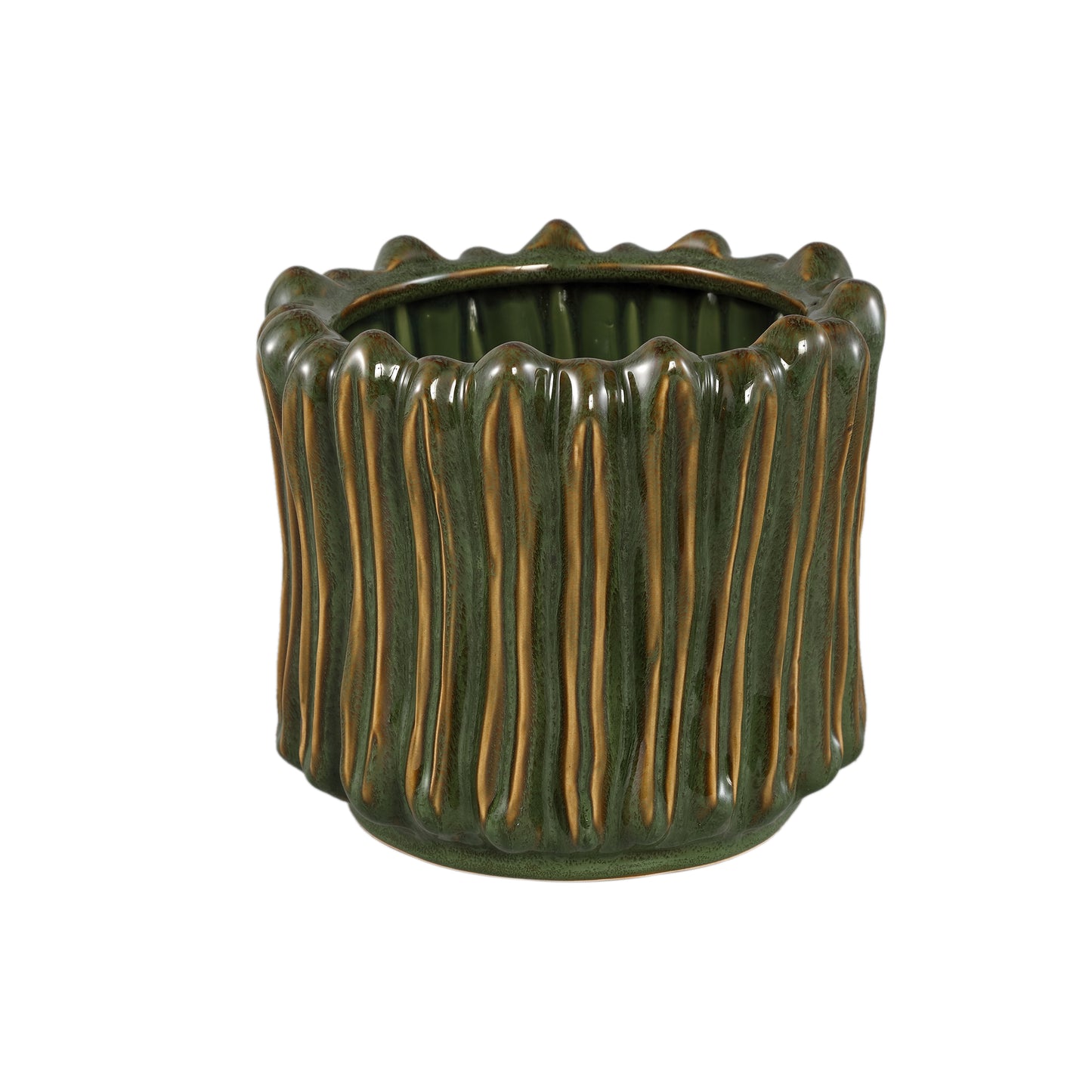 Luci Donkergroen Keramische Pot Geribd Rond Set van 2 - 2 Sets 23x24.5x24.5 cm