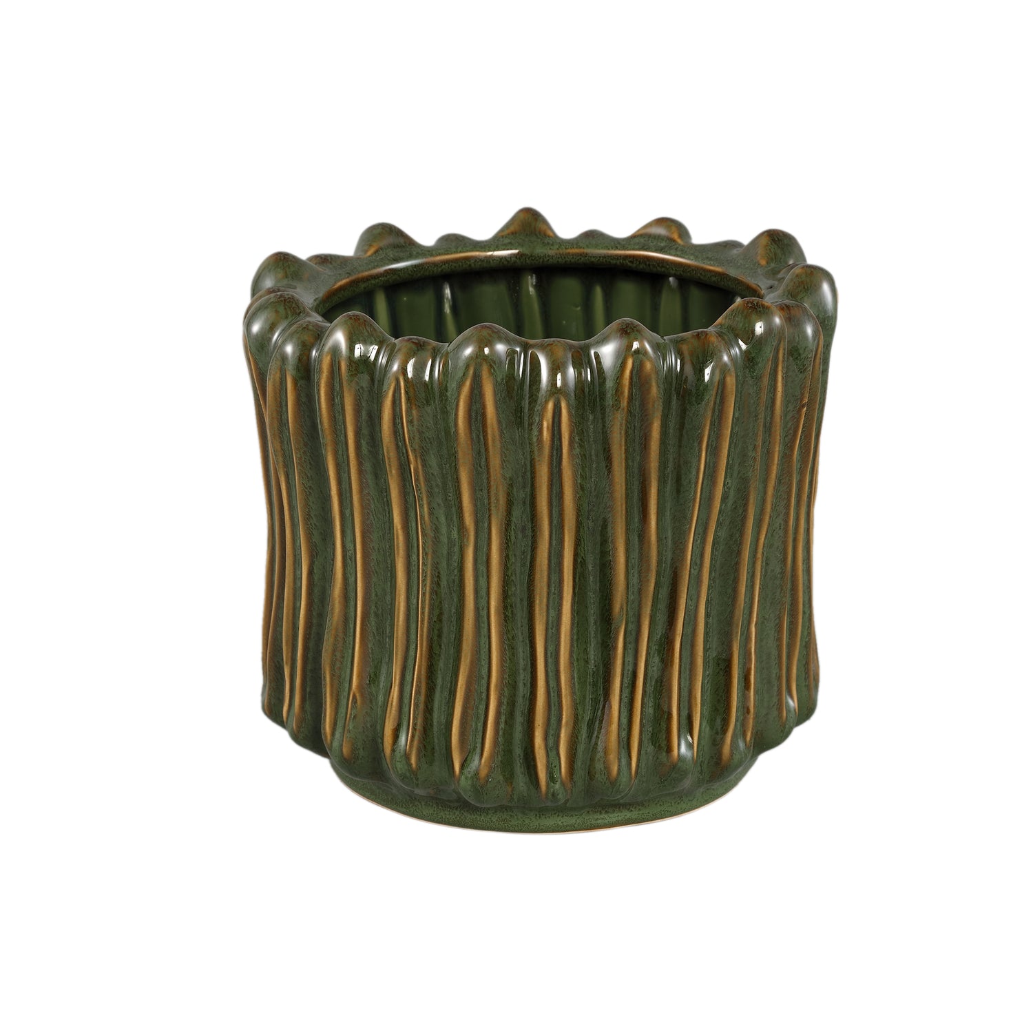 Luci Donkergroen Keramische Pot Geribd Rond Set van 2 - 2 Sets 23x24.5x24.5 cm