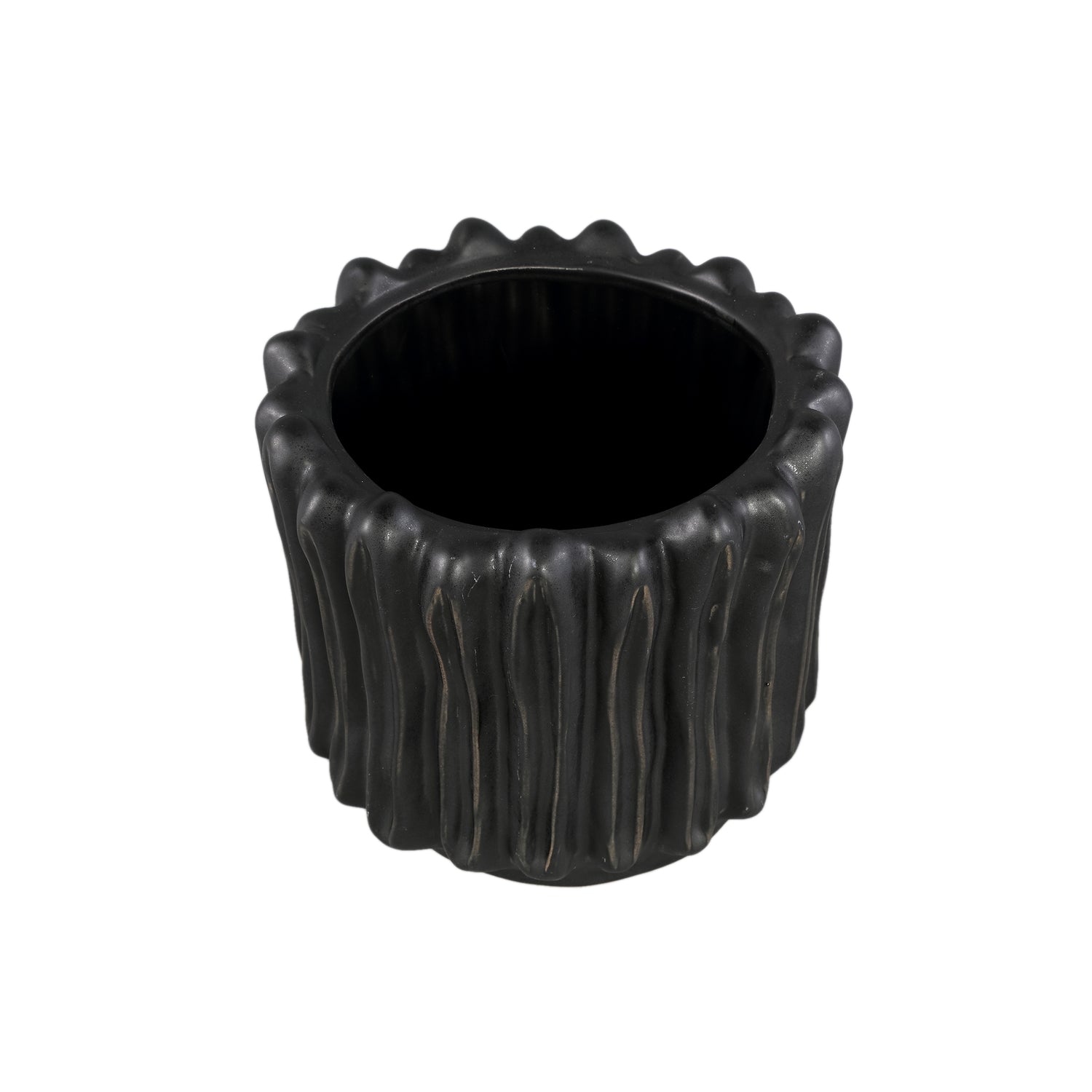 Luci Zwarte Keramische Pot Geribbd Rond XL Set van 2 - 2 Sets 23x24.5x24.5 cm