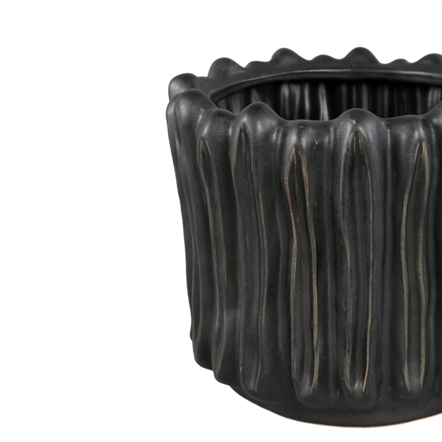 Luci Zwarte Keramische Pot Geribbd Rond XL Set van 2 - 2 Sets 23x24.5x24.5 cm