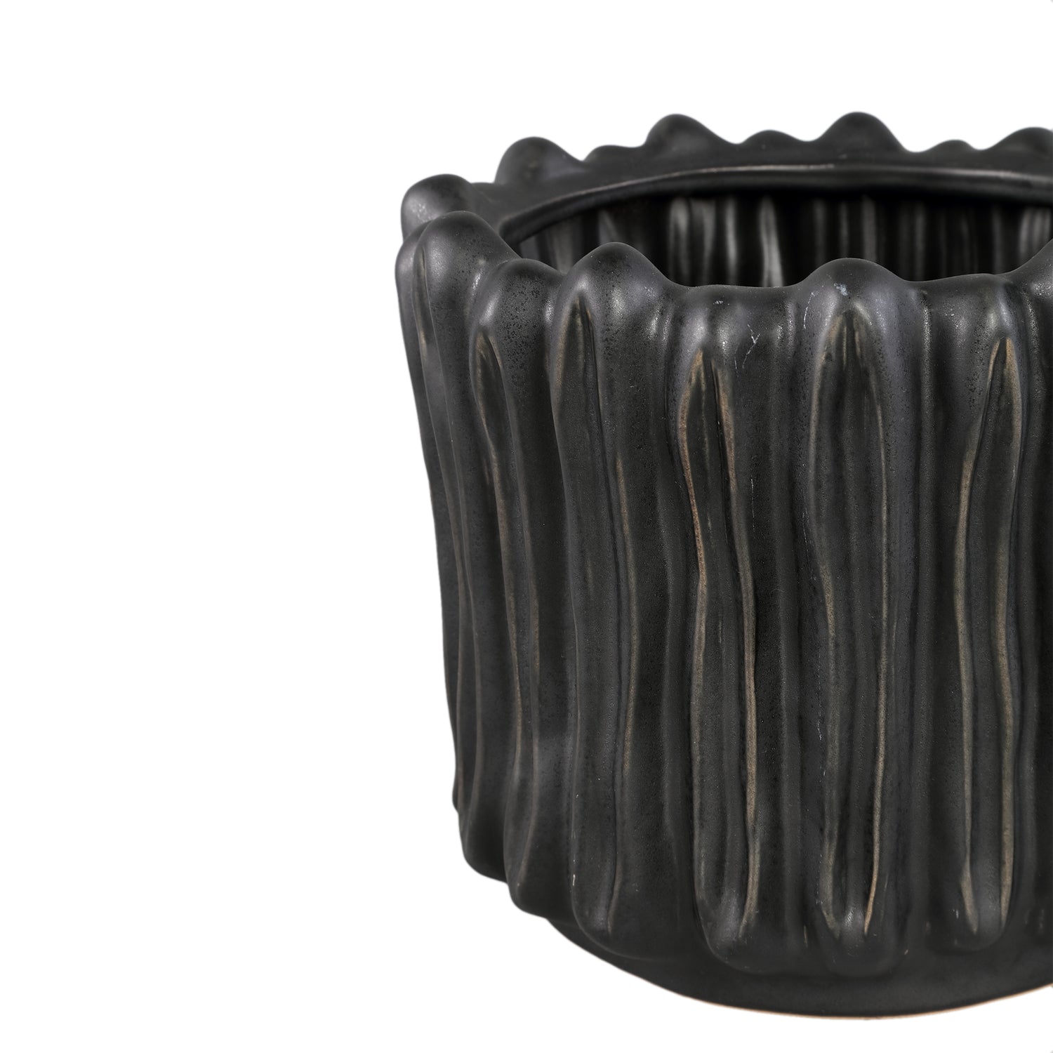 Luci Zwarte Keramische Pot Geribbd Rond XL Set van 2 - 2 Sets 23x24.5x24.5 cm