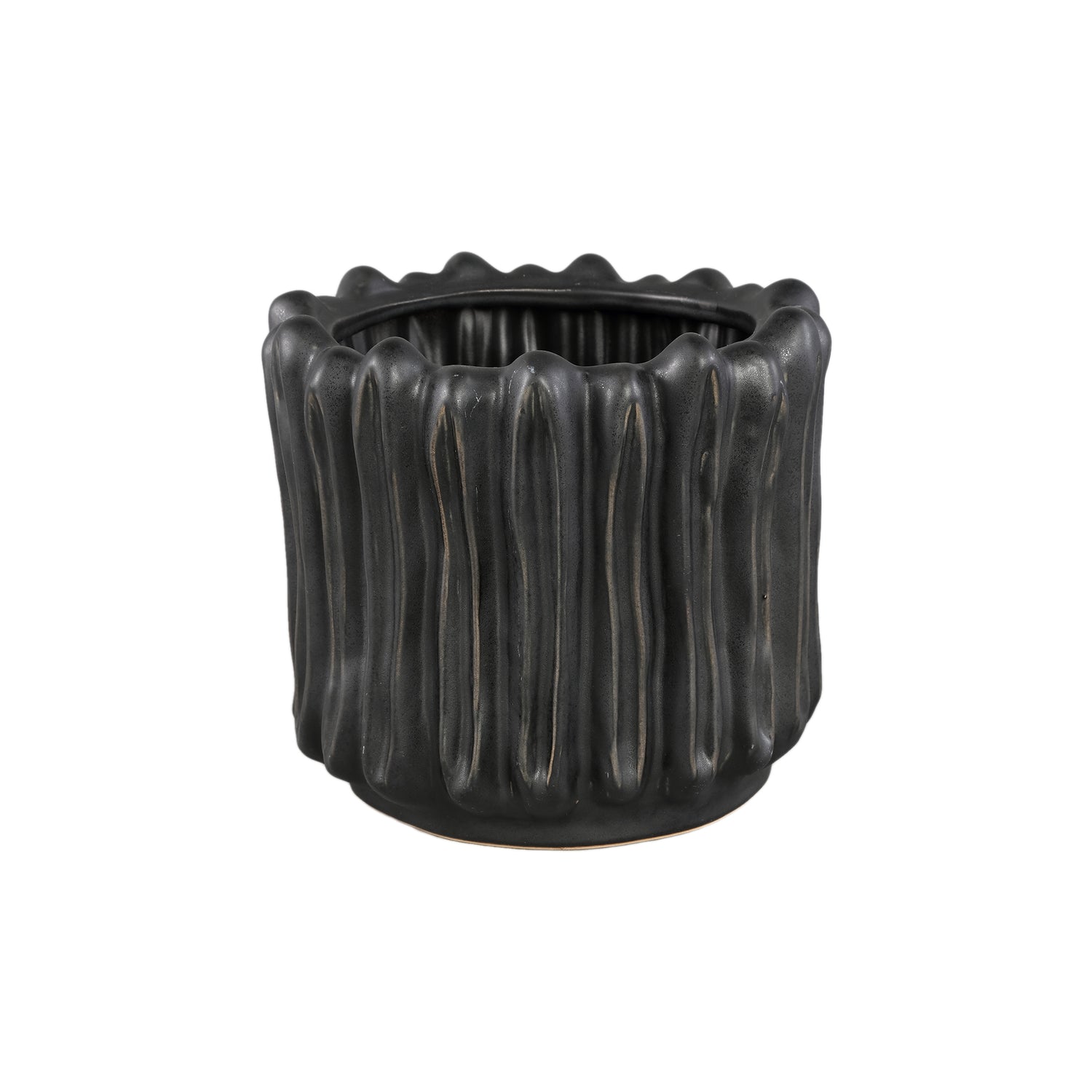 Luci Zwarte Keramische Pot Geribbd Rond XL Set van 2 - 2 Sets 23x24.5x24.5 cm