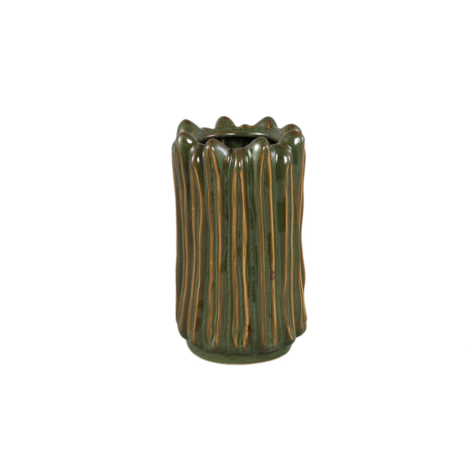 Luci Donkergroene Keramische Vaas Geribdeld Rond S Set van 6 Stuks - 6 Sets 24.5x14x14 cm