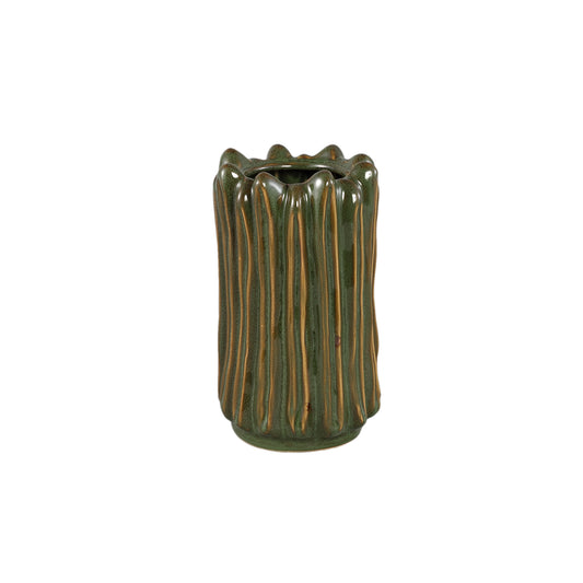 Luci Donkergroene Keramische Vaas Geribdeld Rond S Set van 6 Stuks - 6 Sets 24.5x14x14 cm