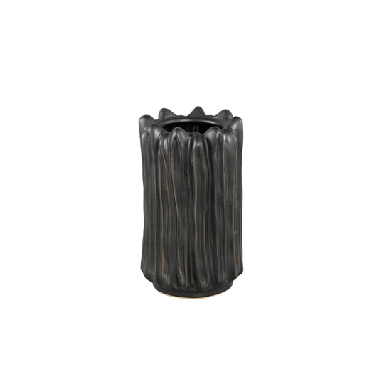 Luci Zwarte Keramische Vaas Geribfeld Rond S Set van 6 Stuks - 6 Sets 24.5x14x14 cm