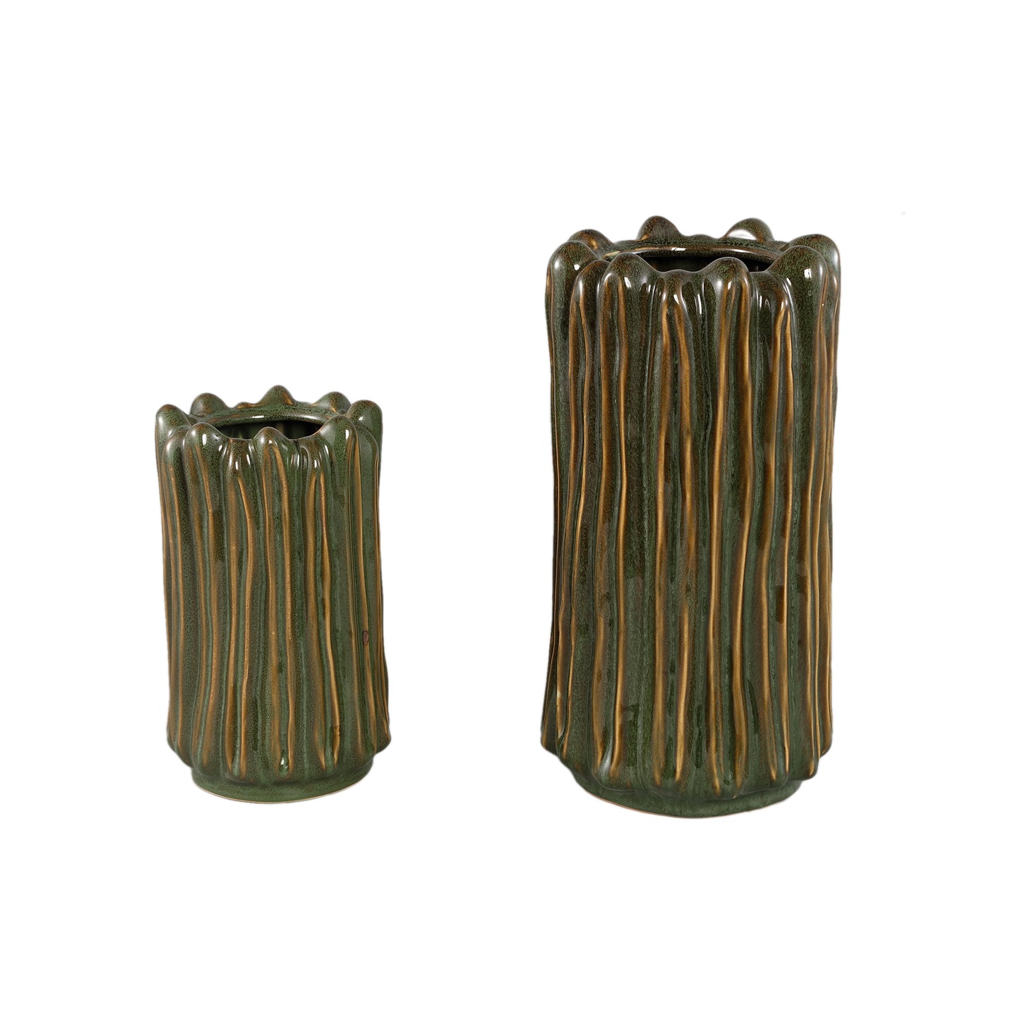 Luci Donkergroene Keramische Vaas Geribbd Rond Set van 2 - 2 Sets 35.5x18.5x18.5 cm