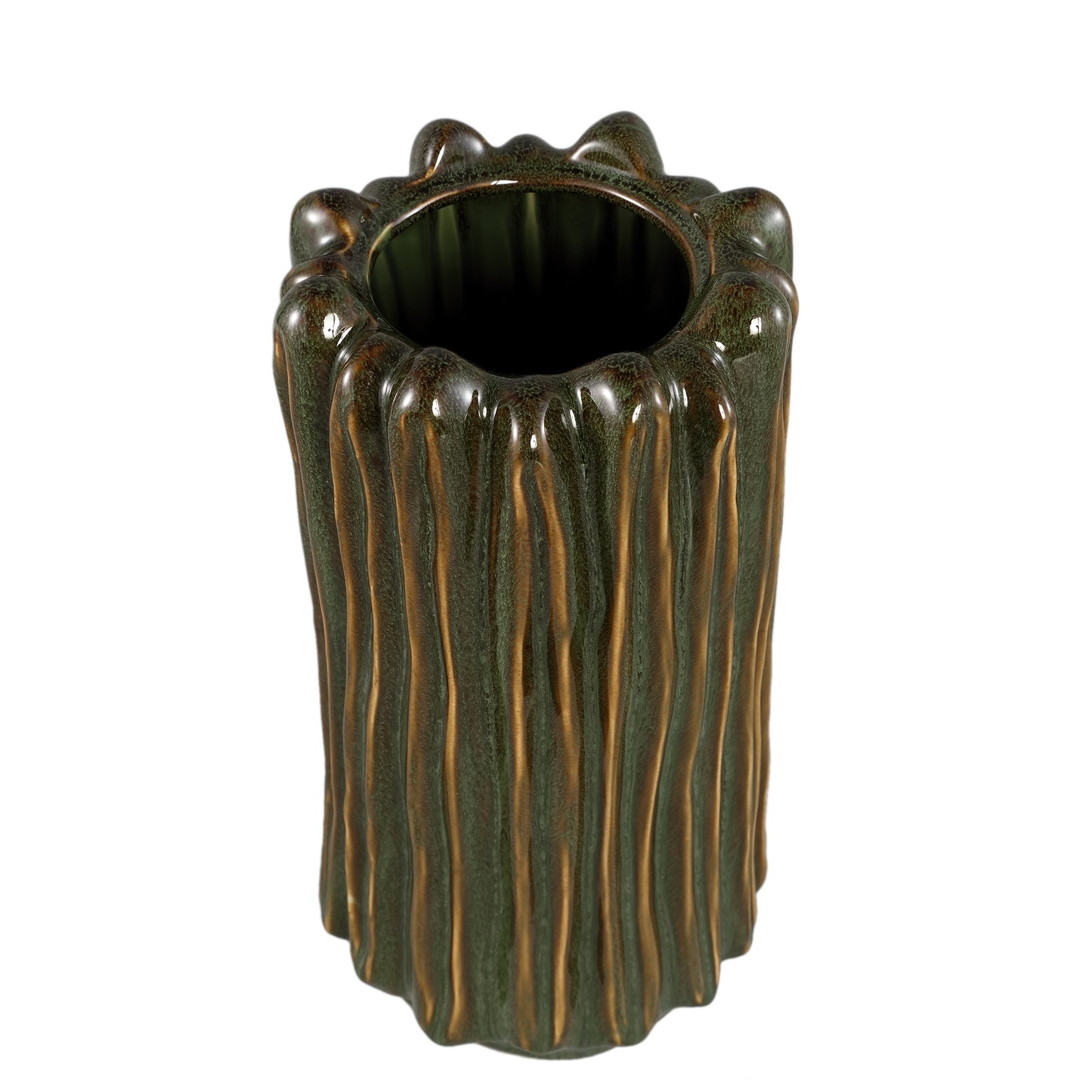 Luci Donkergroene Keramische Vaas Geribbd Rond Set van 2 - 2 Sets 35.5x18.5x18.5 cm