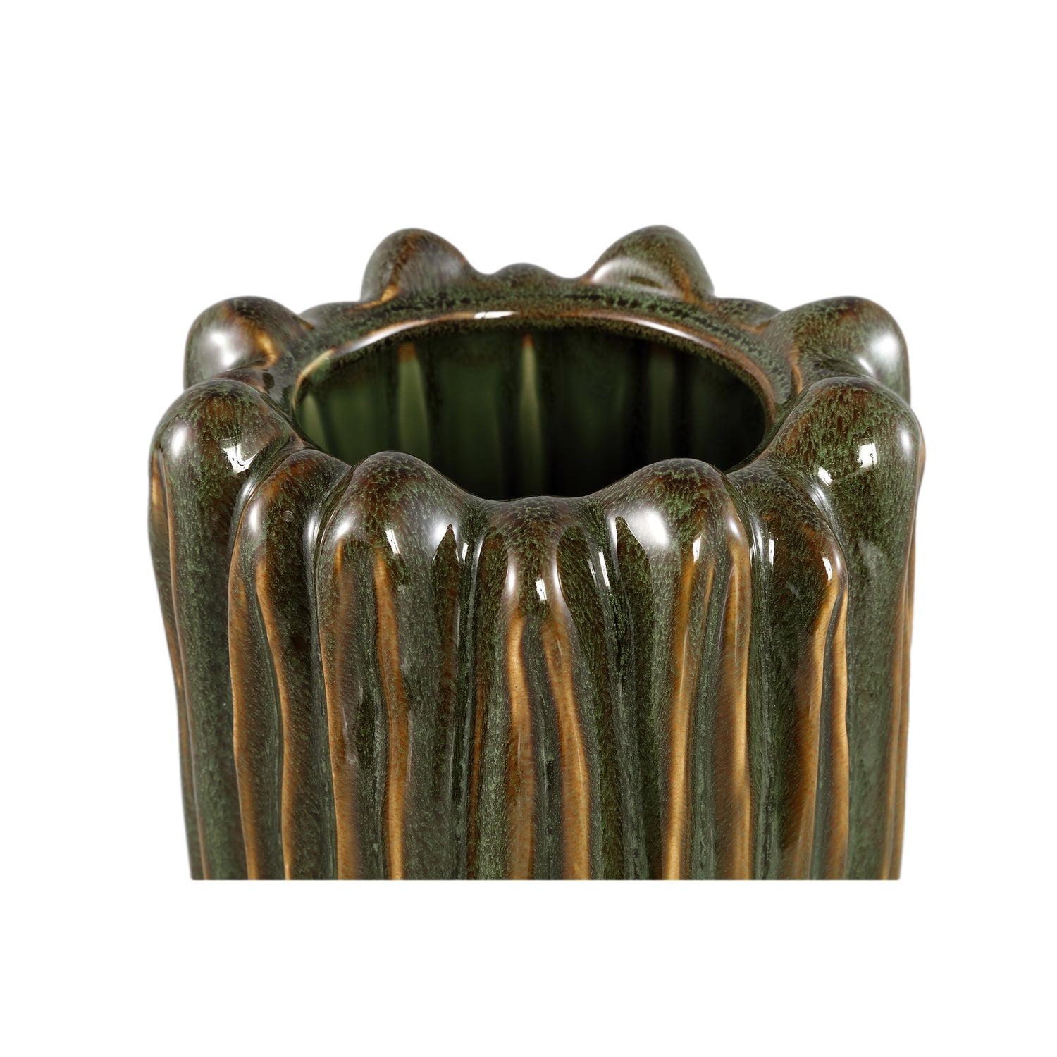 Luci Donkergroene Keramische Vaas Geribbd Rond Set van 2 - 2 Sets 35.5x18.5x18.5 cm