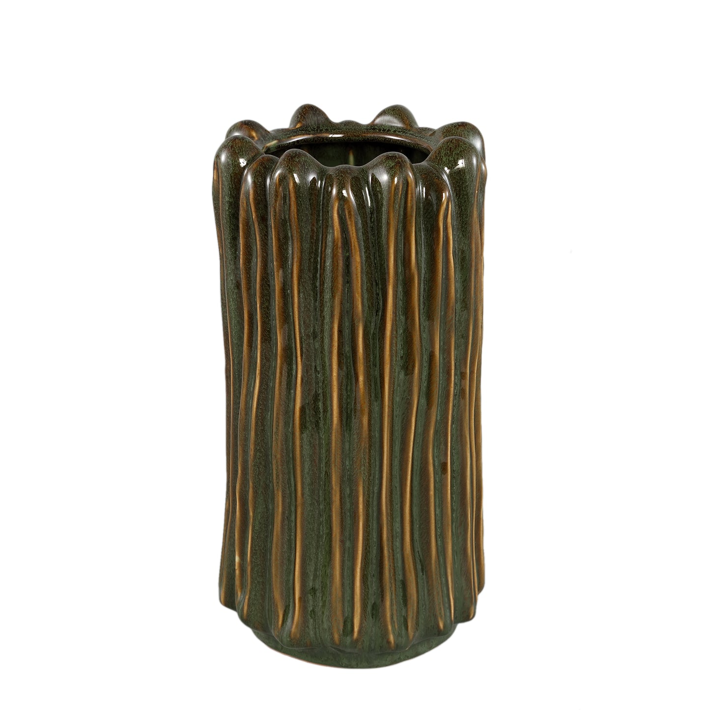 Luci Donkergroene Keramische Vaas Geribbd Rond Set van 2 - 2 Sets 35.5x18.5x18.5 cm