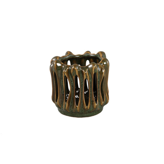 Luci Donkergroen Keramische Theelicht Set van 6 Stuks Open Geribd Rond - 6 Sets 9.5x10x10 cm
