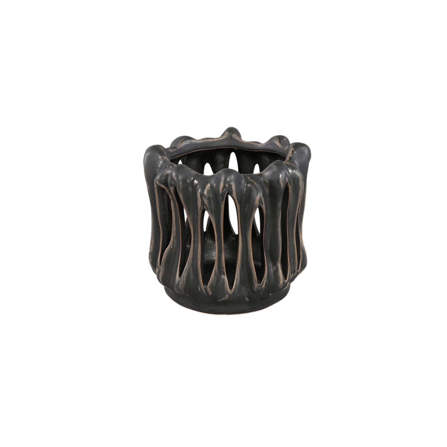Luci Zwart Keramische Theelicht Open Geribbeld Rond S Set van 6 Stuks - 6 Sets 9.5x10x10 cm
