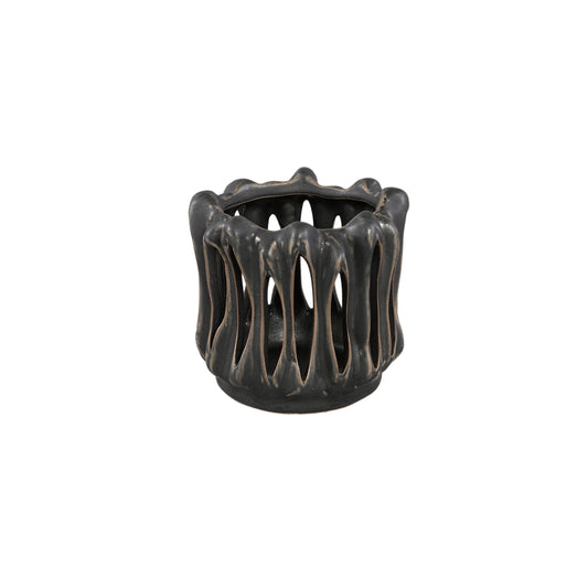 Luci Zwart Keramische Theelicht Open Geribbeld Rond S Set van 6 Stuks - 6 Sets 9.5x10x10 cm