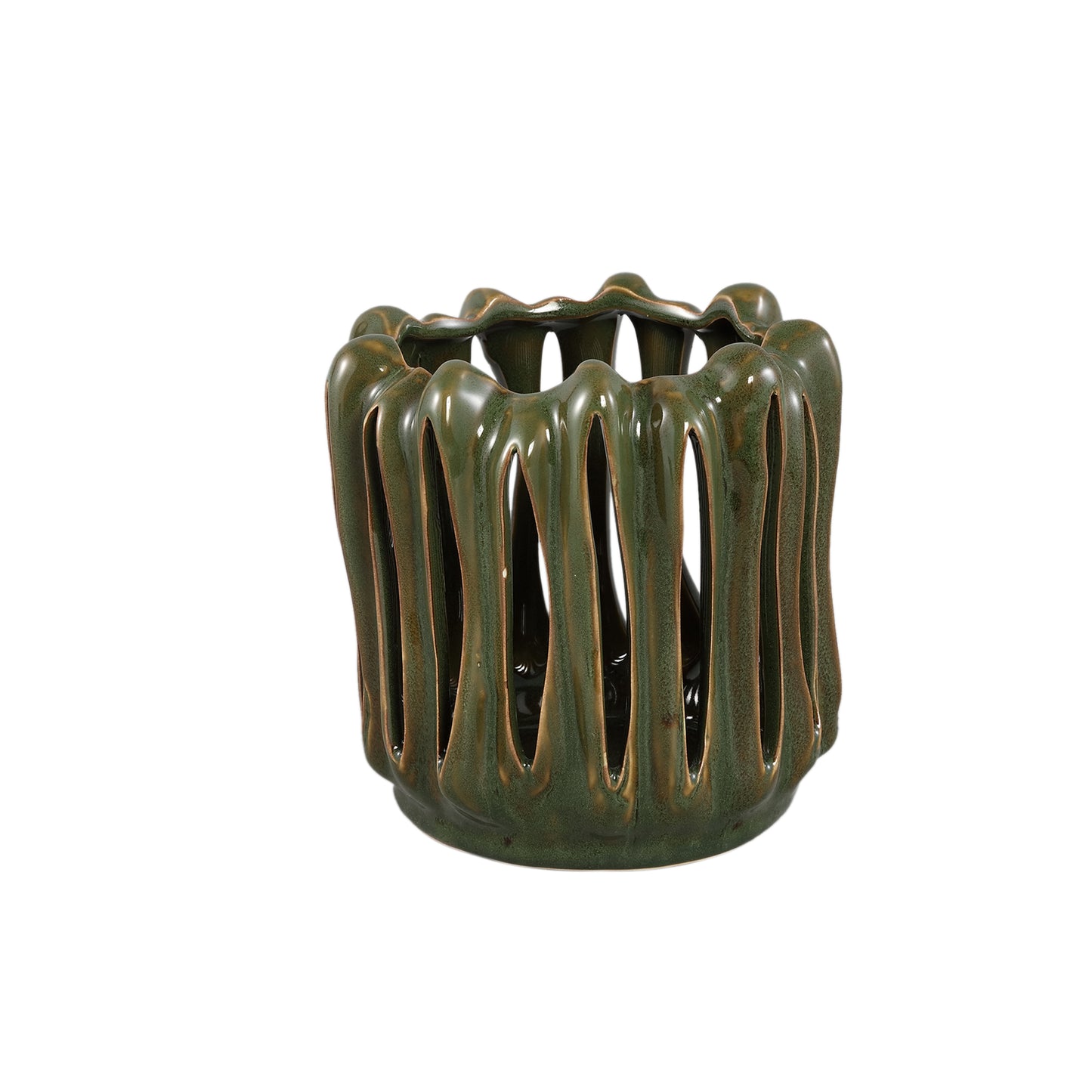 Luci Donkergroen Keramisch Windlicht Geribd Rond M Set van 6 - 6 Sets 16.5x17x17 cm
