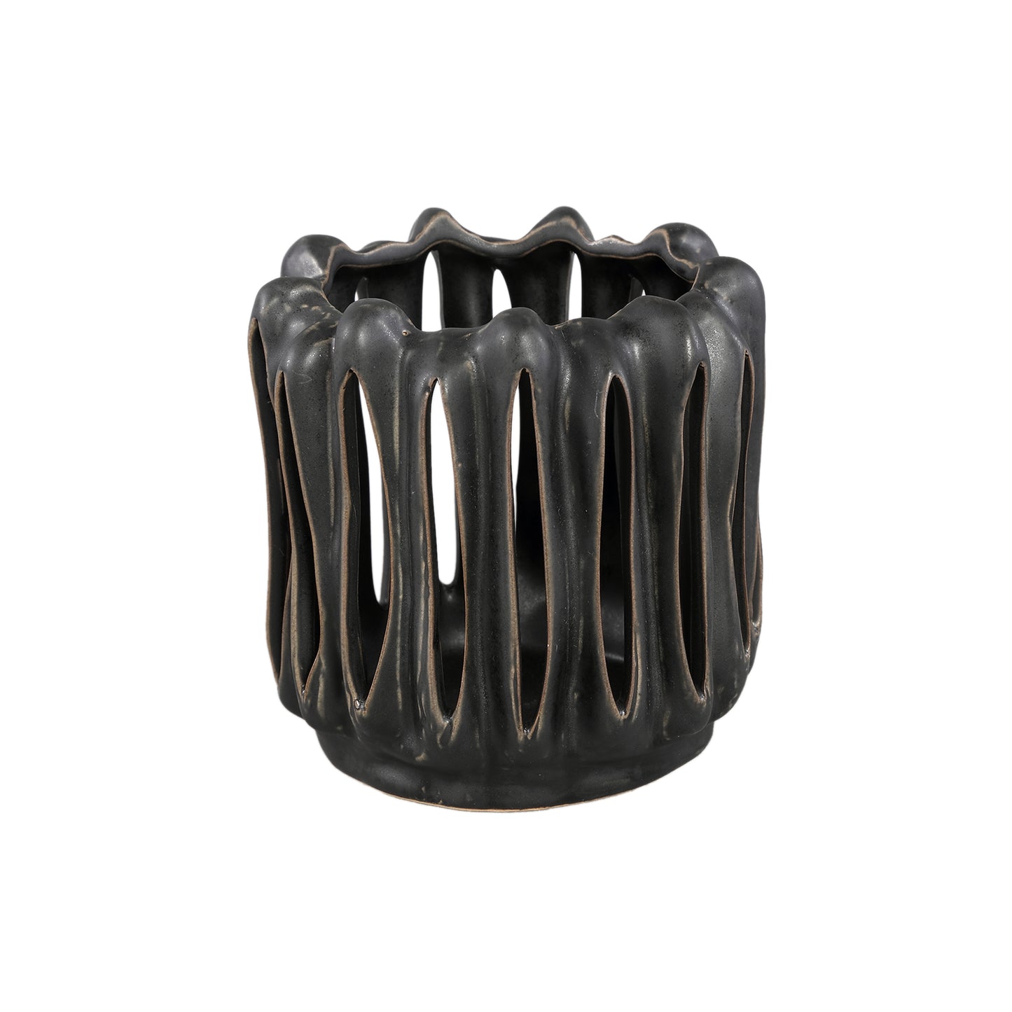 Luci Zwart Keramisch Windlicht Open Geribbeld Rond M Set van 6 Stuks - 6 Sets 16.5x17x17 cm