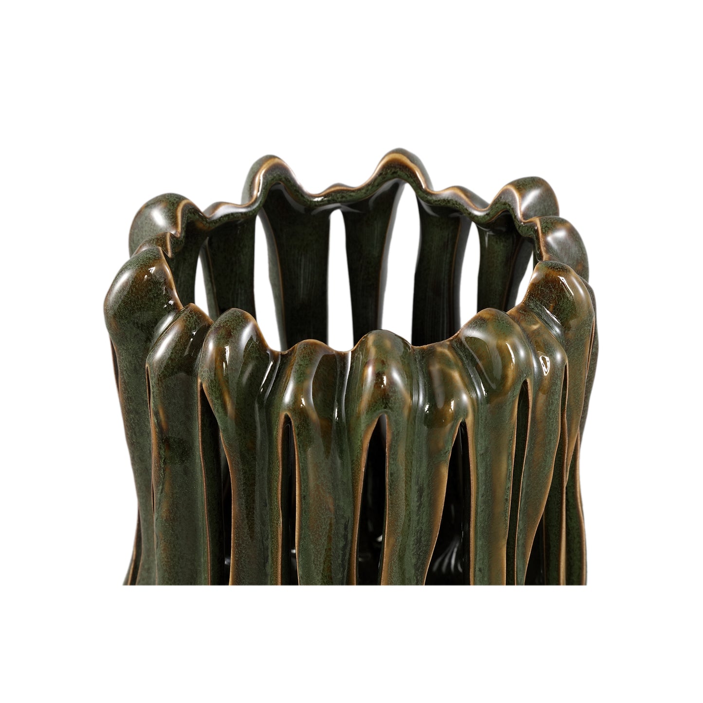 Luci Donkergroen Keramisch Windlicht Geribbd Rond Set van 4 - 4 Sets 23x20x19.5 cm