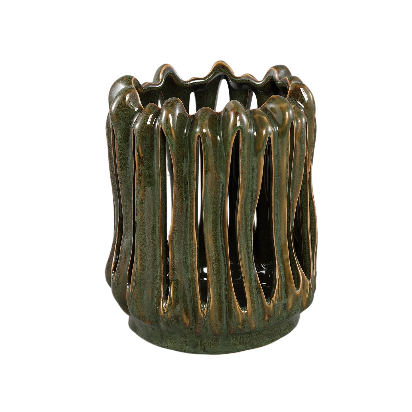 Luci Donkergroen Keramisch Windlicht Geribbd Rond Set van 4 - 4 Sets 23x20x19.5 cm