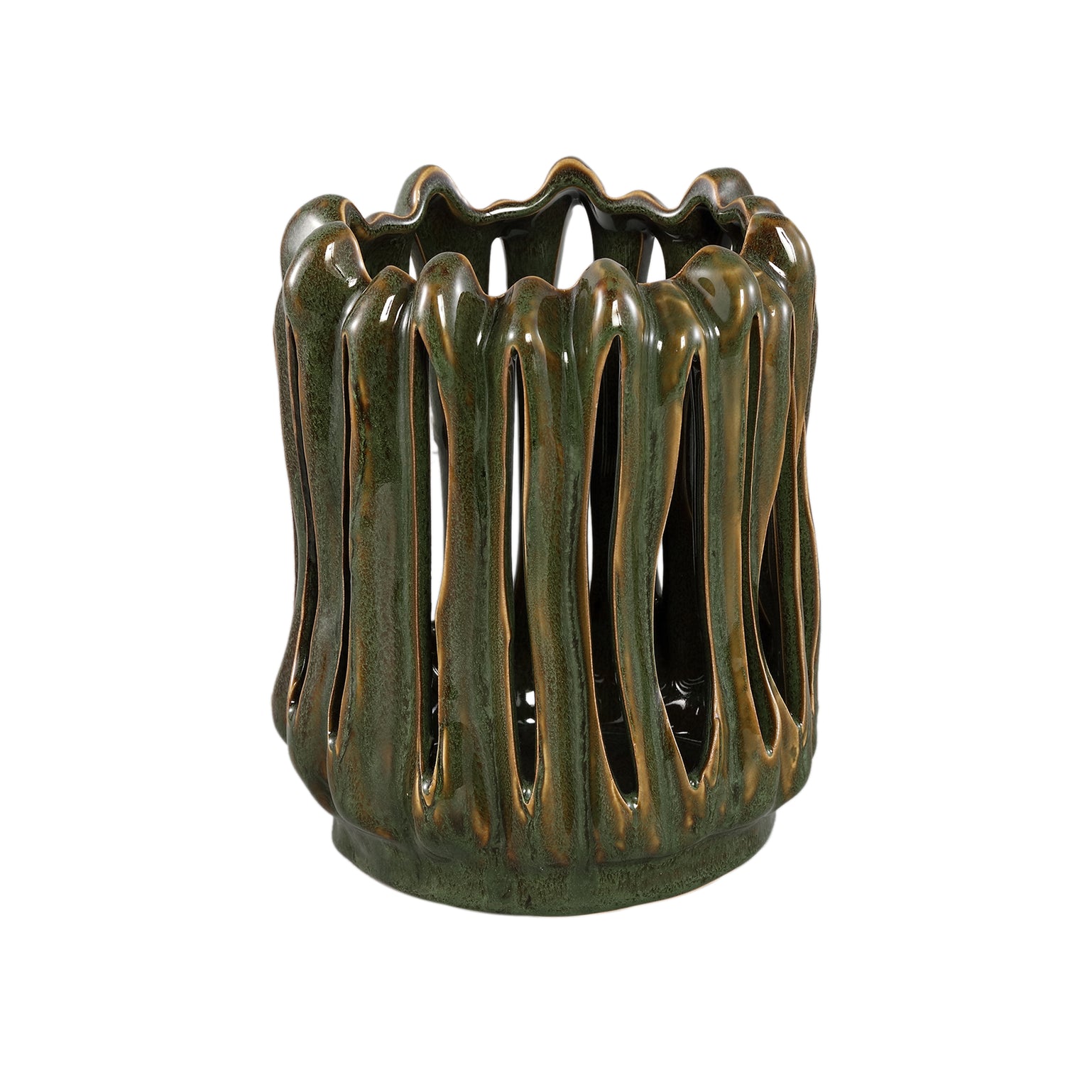 Luci Donkergroen Keramisch Windlicht Geribbd Rond Set van 4 - 4 Sets 23x20x19.5 cm