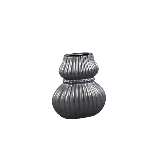 Halta Zwarte Ovale Keramische Bulby Vaas Geribbed Set van 4 - 4 Sets 28x25x15 cm