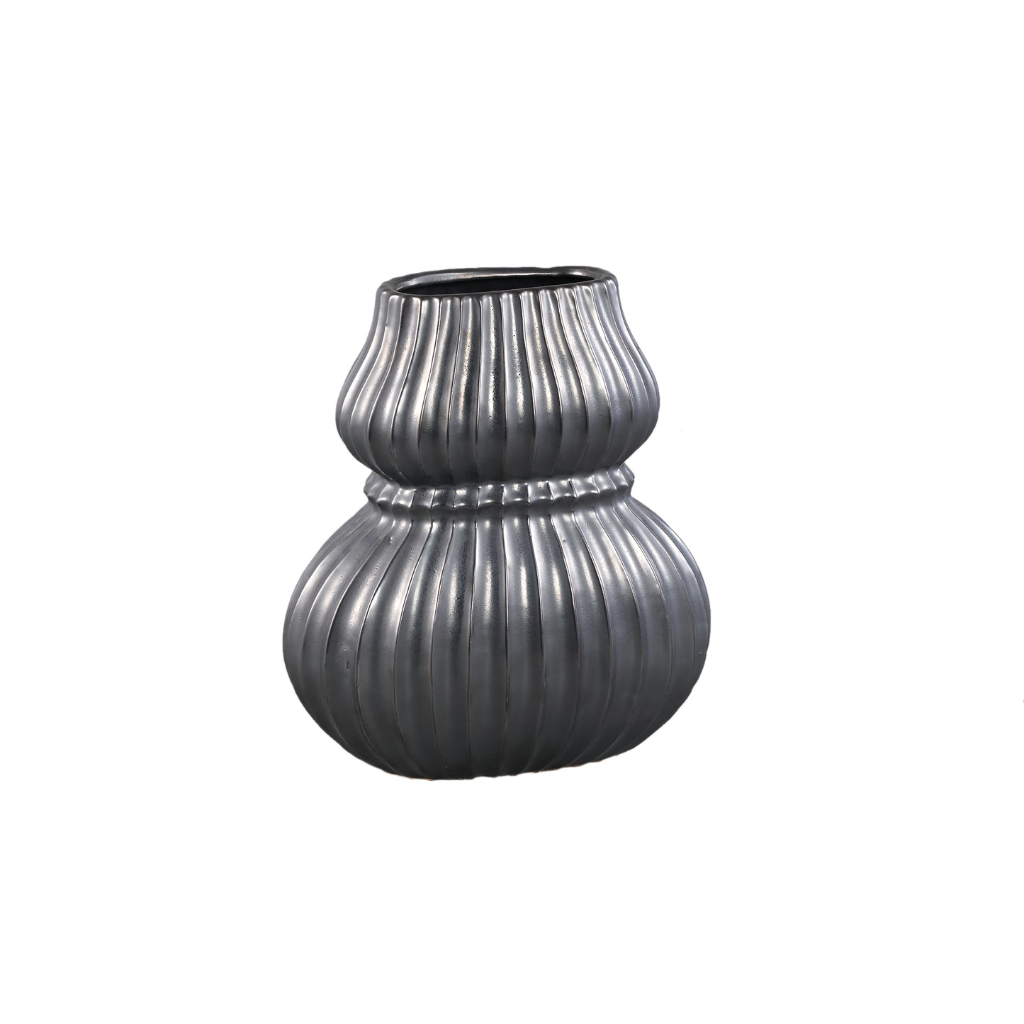 Halta Zwarte Ovale Keramische Bol Vaas Geribd M - Set van 2 - 2 Sets 35x30x19 cm