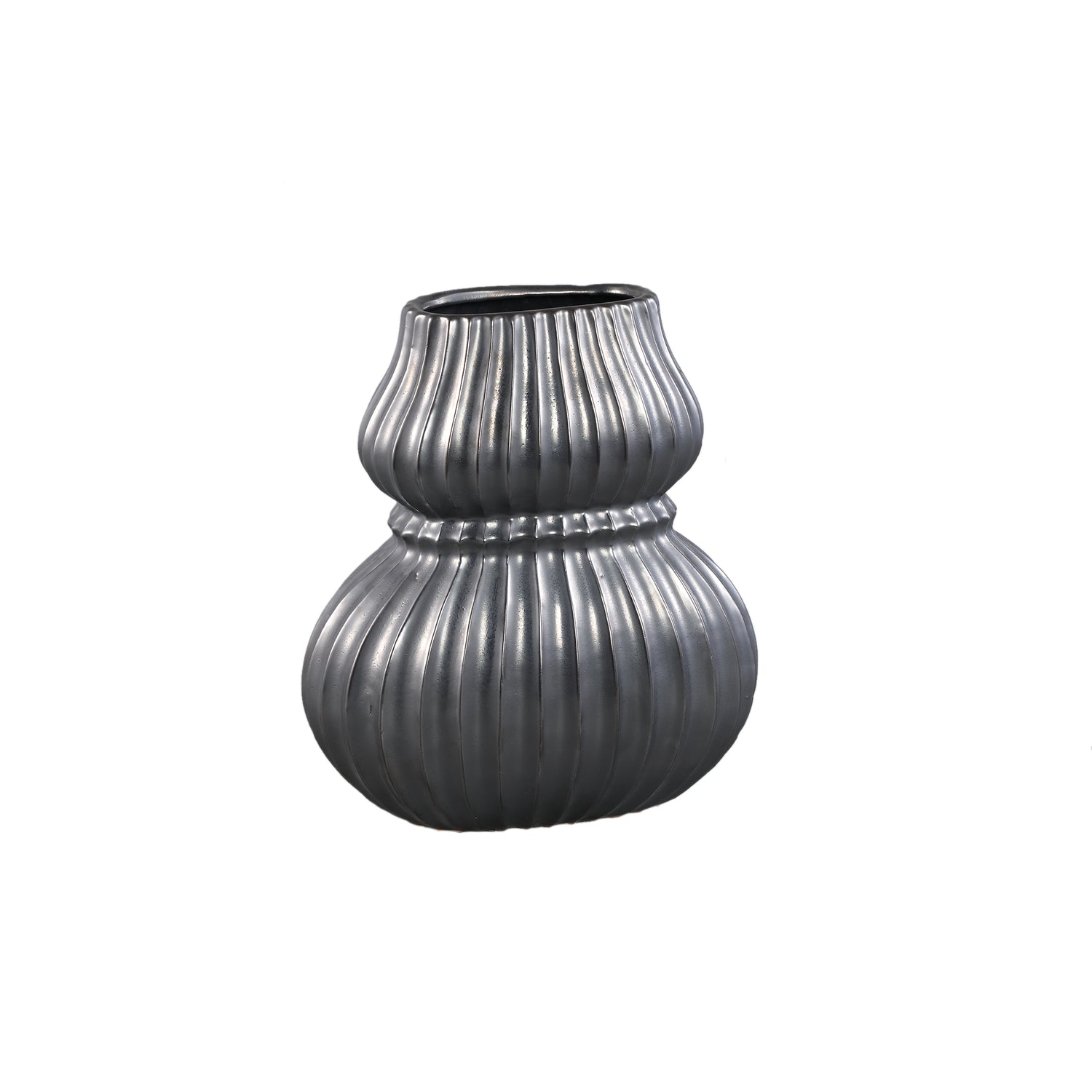 Halta Zwarte Ovale Keramische Bol Vaas Geribd M - Set van 2 - 2 Sets 35x30x19 cm