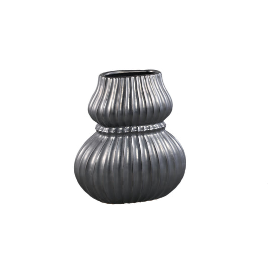 Halta Zwarte Ovale Keramische Bol Vaas Geribd M - Set van 2 - 2 Sets 35x30x19 cm