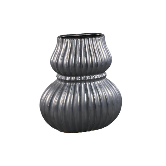 Halta Zwarte Ovale Keramische Bolvaas Geribd L 40x36x23 cm