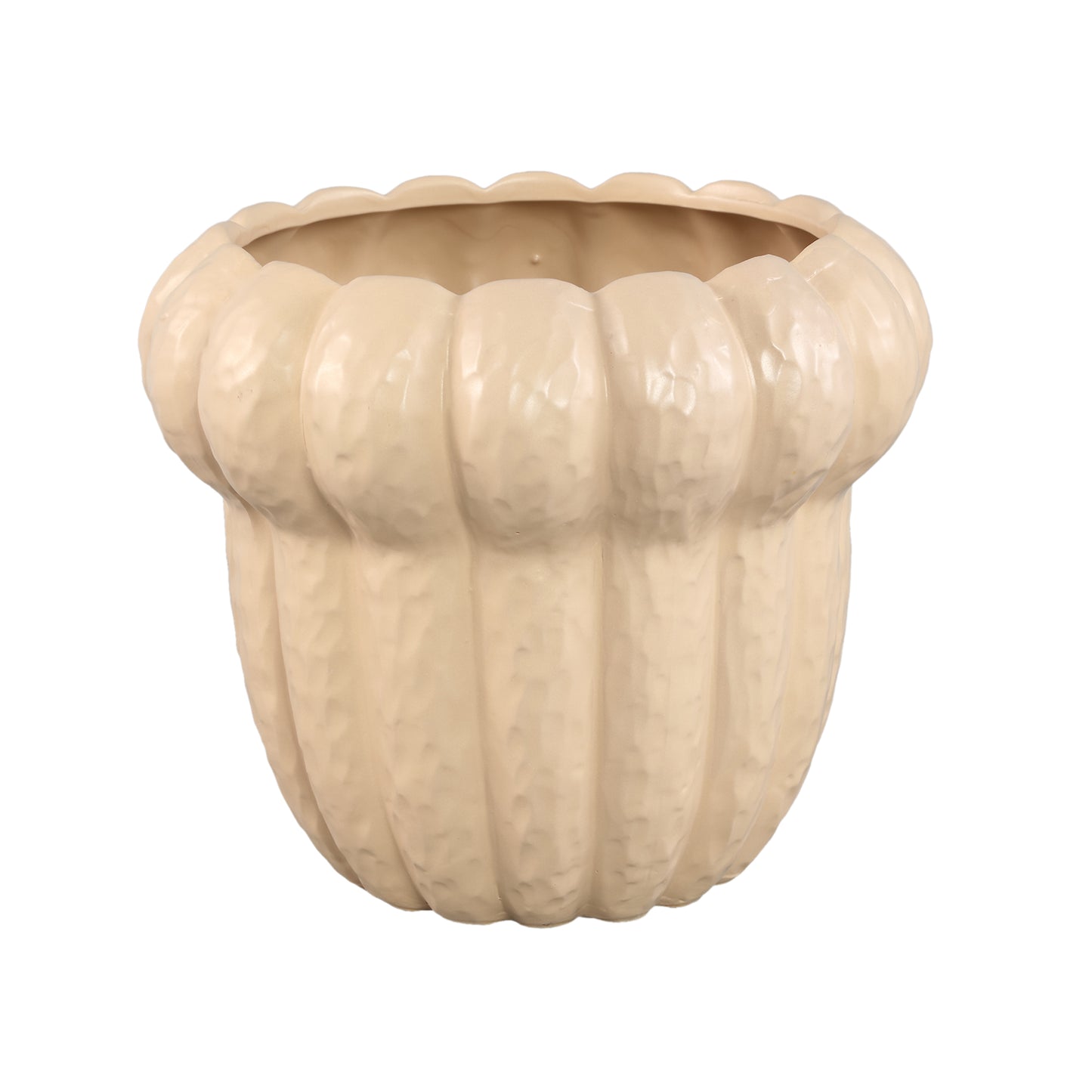 Samaran Crème Ronde Keramische Pot Geribbd Laag Set van 2 - 2 Sets 24x28.5x28.5 cm
