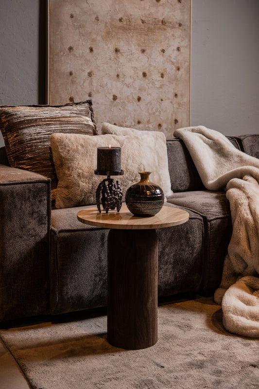 Liora Brown Mango Wood Side Table Marble Top Rnd