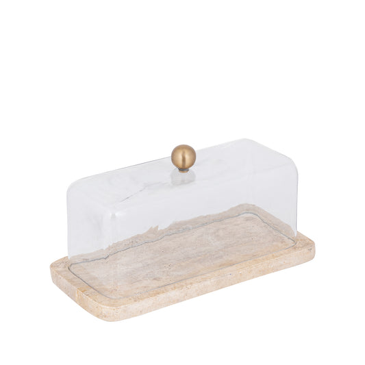 Lyron Natuurlijke Travertijn Rechthoekige Glazen Stolp 15x29x14 cm