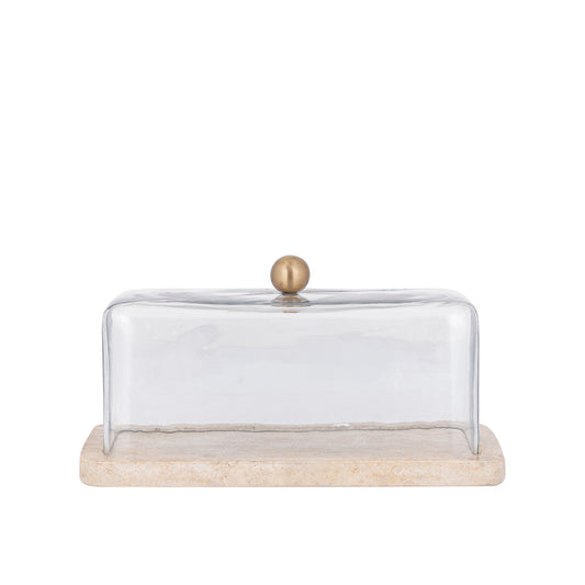 Lyron Natuurlijke Travertijn Rechthoekige Glazen Stolp 15x29x14 cm