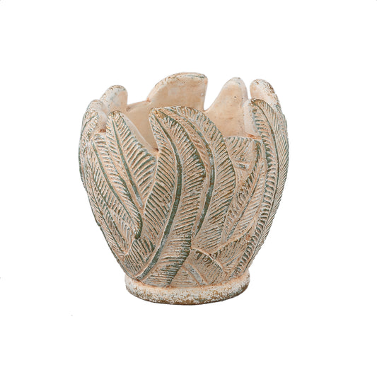 Noami Crème Cement Ronde Pot Met Bladpatroon M - Set van 8 16.5x17x17 cm