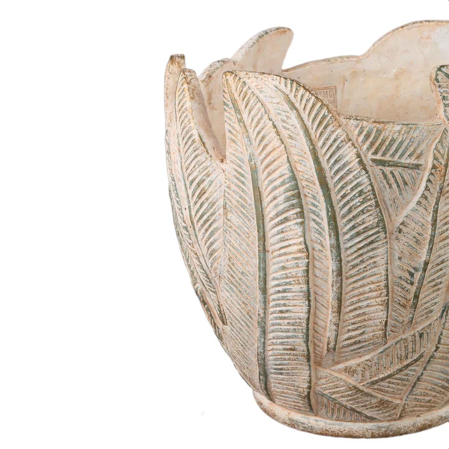 Noami Cream Cement Round Pot W Leaves Pattern XL