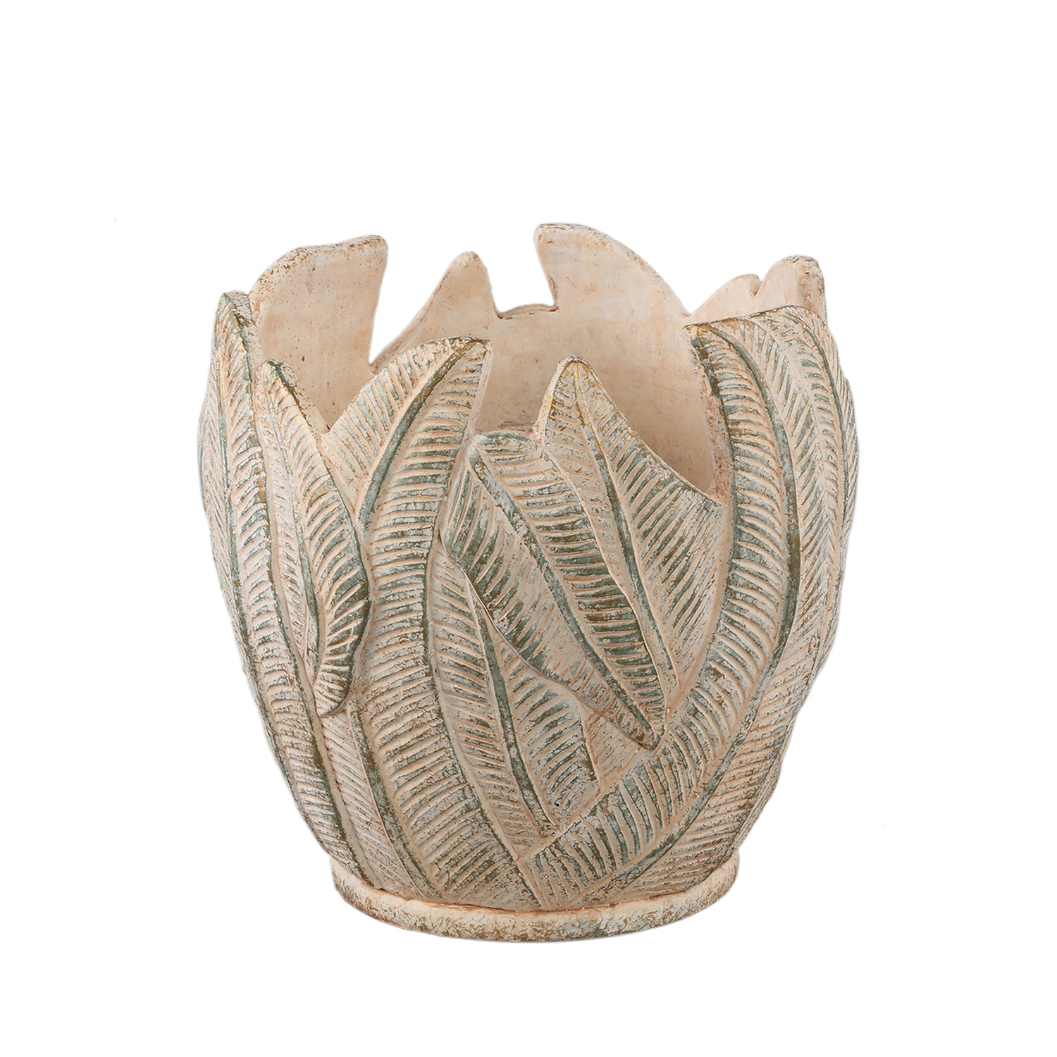 Noami Crème Cement Pot Rond met Bladmotief XL 30x30x30 cm