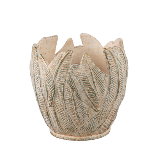 Noami Crème Cement Pot Rond met Bladmotief XL 30x30x30 cm