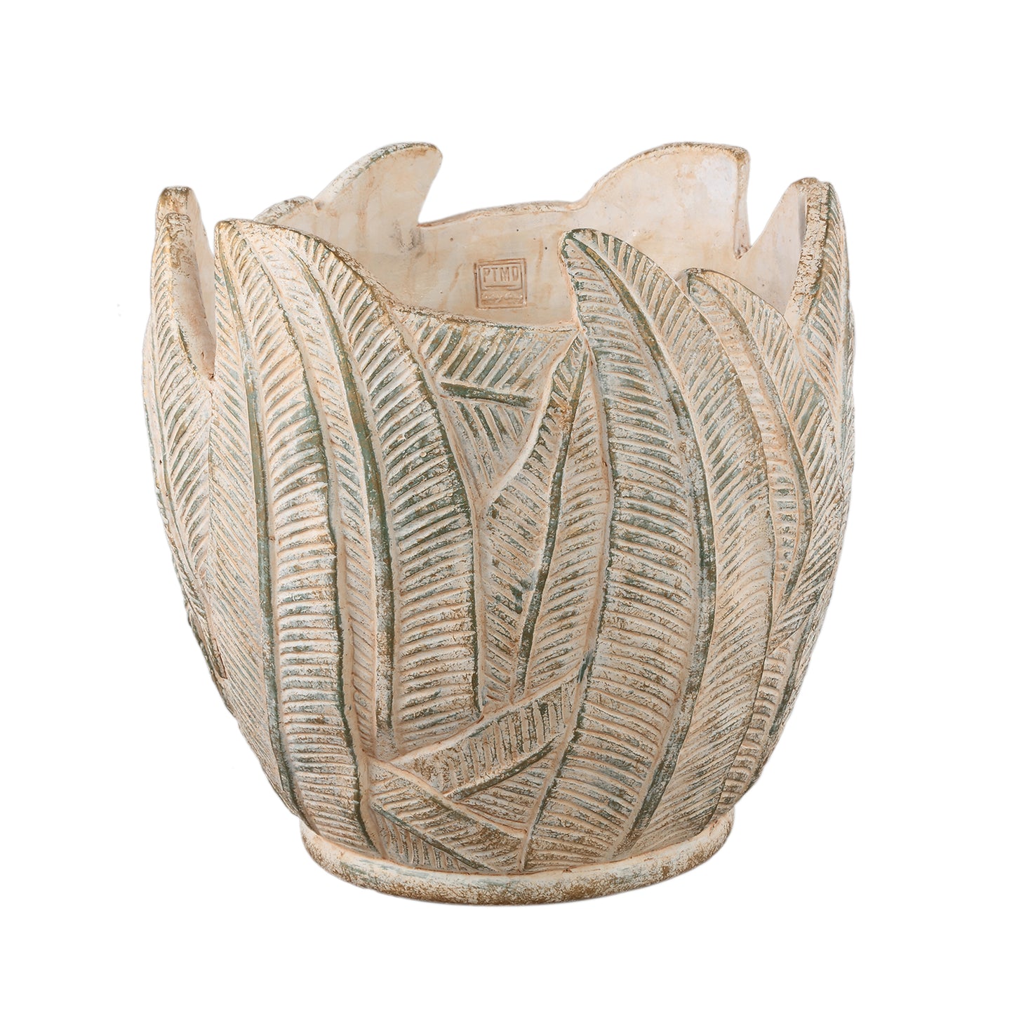 Noami Crème Cementen Ronde Pot Met Bladpatroon XXL 40x40x40 cm