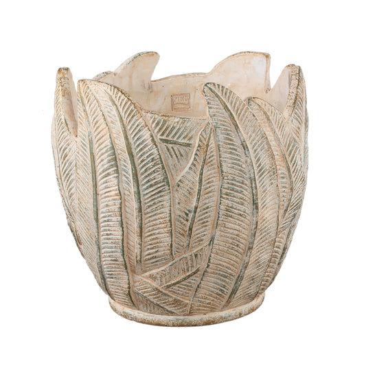 Noami Crème Cementen Ronde Pot Met Bladpatroon XXL 40x40x40 cm