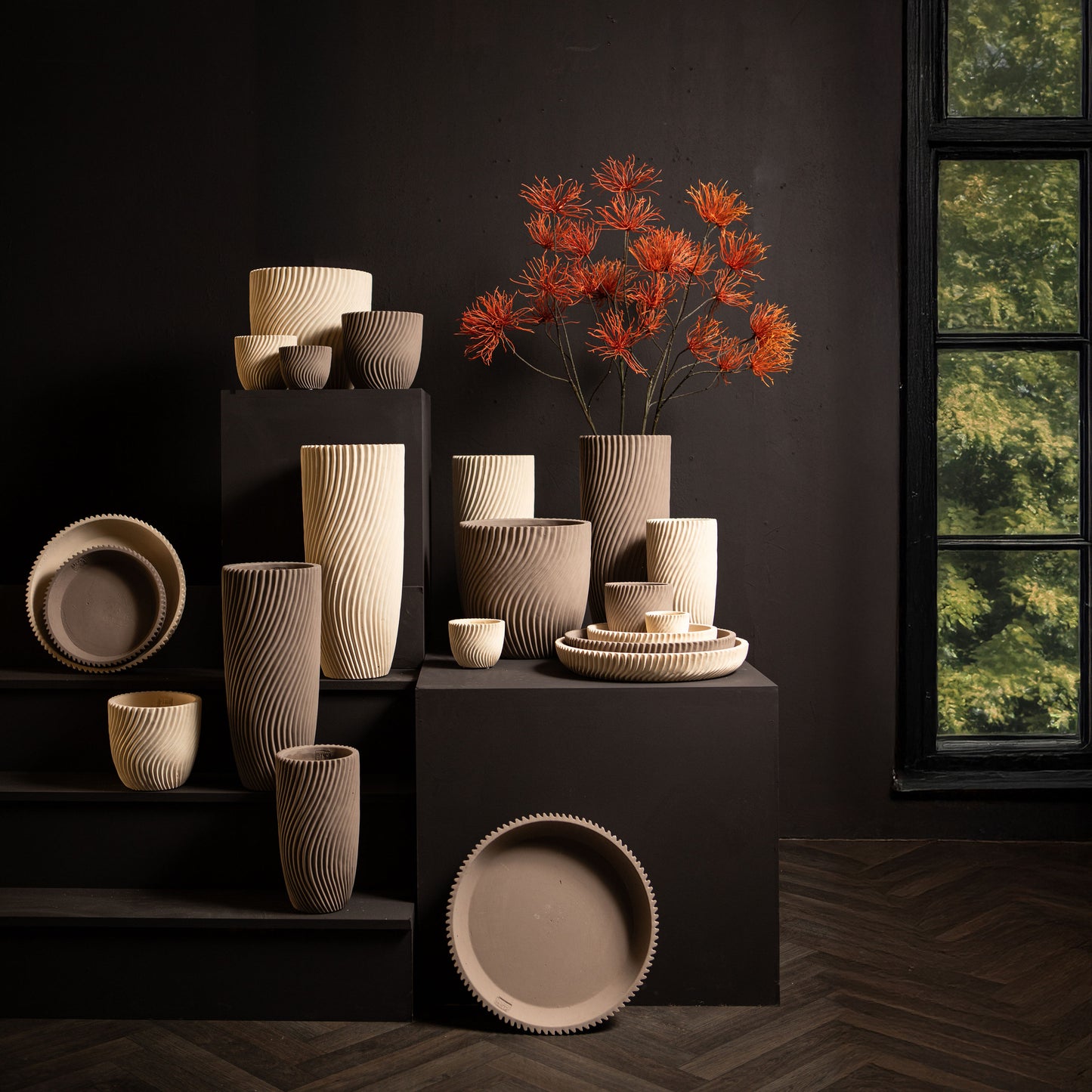 Lianna Beige Cement Round Vase Line Pattern L