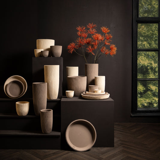 Lianna Beige Cement Round Bowl With Line Pattern L